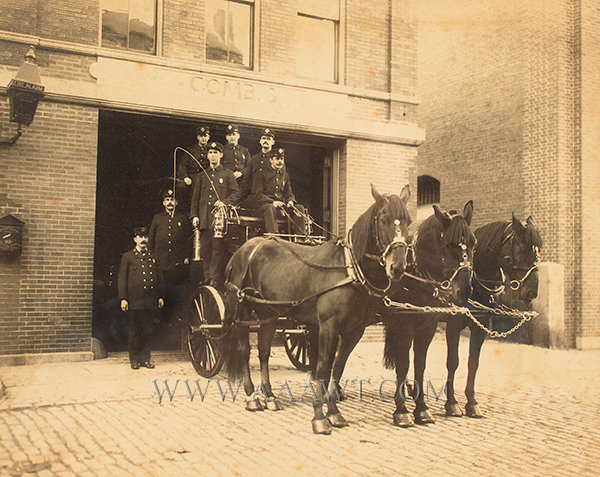Photo, 19th Century Horse Drawn Apparatus, Firemen, Fire Station, Gamewell Box
Boston, Circa 1899 to 1905, entire view